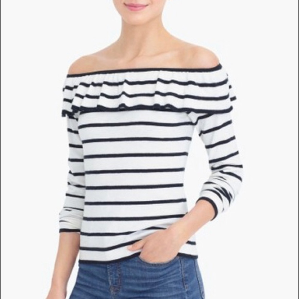 Striped, ruffle off-the-shoulder sweater